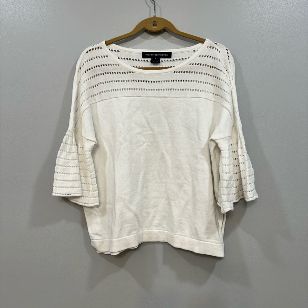 French Connection Women Cotton 3/4 Bell Sleeve Pointelle Knit Sweater SZ S White